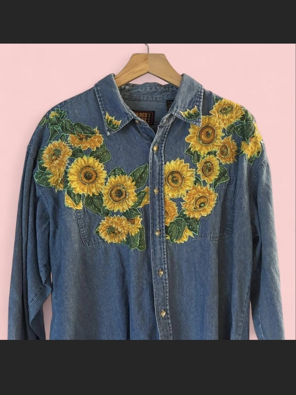 Faded Glory Men’s XL Denim Sunflower Appliqué Puff Paint Shirt